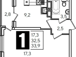 1-к Квартира 32,5кв.м 15/24эт